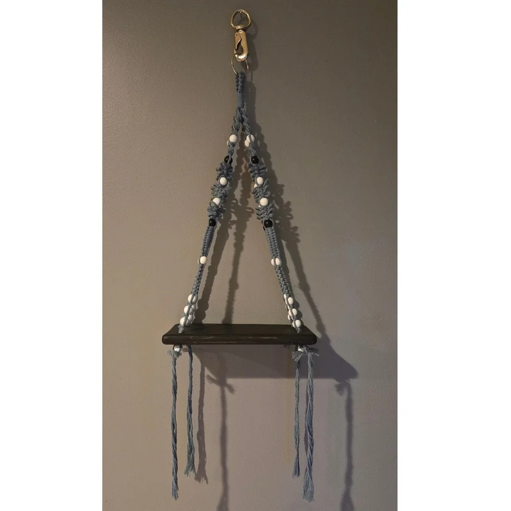 Handmade Macrame Hanging Wall Shelf Blue Beaded Boho Wood Floating Display